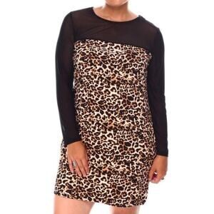 Bebe Leopard Print Dress Sheer Black Long Sleeve Mini Party Cocktail Plus 2X New